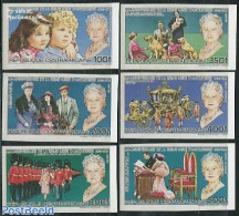 Central Africa 1985 Queen Mother 6v, Imperforated, Mint NH, History - Nature - Kings & Queens (Royalty) - Dogs - Royalties, Royals