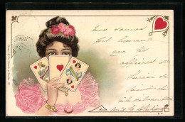 Künstler-AK Herz-Dame Verbirgt Ihr Gesicht Hinter Spielkarten  - Playing Cards