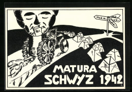Künstler-AK Schwyz, Matura Absolvia 1942, Student Mit Philosophiebuch Im Auto Auf Dem Weg In Seine Zukunft  - Otros & Sin Clasificación