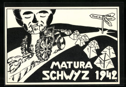 AK Schwyz, Absolvia Matura 1942, Student Der Philosophie In Seinem Auto Mit Buch Und Grossem Kopf  - Sonstige & Ohne Zuordnung