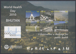 Bhutan 2010 MNH MS World Health Day, Golf, Temple, Car, Cars, Mountain, Mountains, WHO, Miniature Sheet - Bhután