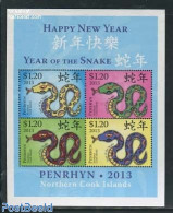 Penrhyn 2013 Year Of The Snake 4v M/s, Mint NH, Nature - Various - Snakes - New Year - Año Nuevo