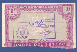 Año 1974—PAGOS AL ESTADO—Timbre 100 Pts 8a Clase. Marca De Agua: AGUILA — Timbrología - Revenue Stamps