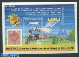 Sao Tome/Principe 1978 UPU Centenary S/s, Imperforated, Mint NH, Transport - Stamps On Stamps - U.P.U. - Railways - Ze.. - Sellos Sobre Sellos