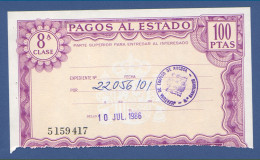 Año 1986—PAGOS AL ESTADO—Timbre 100 Pts 8a Clase. Sello Monarquía—Sin Marca De Agua—Timbrología - Steuermarken