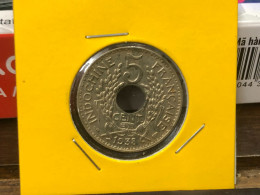 VIET-NAM French Indochina 5 Cent 1938 KM#18.1A-NICKEL BRASS 24MM-1 Pcs- Aunc No 7 - Vietnam