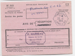 AVIS DE RECEPTION CARTE C3 C. HEX PERLE CHAIGNAY 23.11.1963 COTE D'OR + GRIFFE - Handstempel