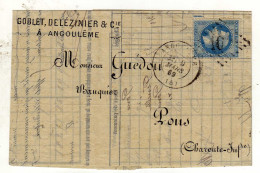 Document Avec Timbre 20c Bleu Oblitération ANGOULEME 09/03/1869 - 1849-1876: Période Classique