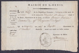 Bulletin De Décès Daté 24 Nivôse An 13 (14 Janvier 1805) D'un Déserteur Du 96e Régiment De Ligne - Mairie De ST-DENIS - Documenten