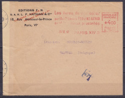 Env. Affr. Mécanique 4f "Librairie Fernand Nathan" PARIS /23 VII 1942 Pour TAMINES Belgique - Bande Et Cachets Censure A - Guerre De 1939-45