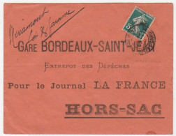Lettre Hors Sac Avec Oblitération Miramont/Lot Et Garonne Sur Semeuse, Journal La France, Gare Bordeaux St Jean 1910 - Covers & Documents