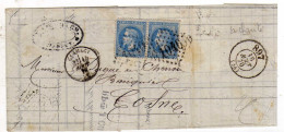 Document Avec 2 Timbres 20c Bleu Oblitération CLAMECY 16/08/1870 - 1849-1876: Période Classique