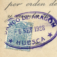 1922 BANCO DE ARAGÓN — Antiguo Documento Bancario — Timbre Fiscal ESPECIAL MOVIL 25c - Fiscales