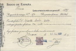 1921 BANCO DE ESPAÑA — Antiguo Documento Bancario — Timbre Fiscal ESPECIAL MOVIL 25c - Fiscales