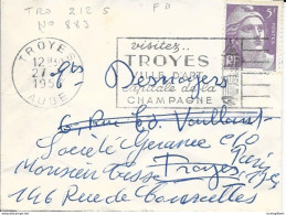 AUBE 10 - TROYES - Flamme TRO 212 S  FD - VISITEZ / TROYES / VILLE D'ART / CAPITALE De La Champagne   1953 - T P  N° 883 - Mechanical Postmarks (Advertisement)