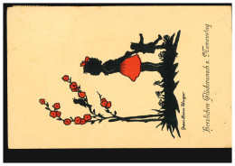 Scherenschnitt-AK Namenstag Mädchen Puppe Blumen Vogel, FREISING 9.3.1945 - Scherenschnitt - Silhouette