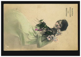 Mode-AK Frau Im Langem Grünen Kleid Mit Blumen, Coloriert, OBERODERWITZ 6.1.1920 - Mode