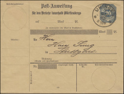 Württemberg Postanweisungs-Umschlag 20 Pf. Blau Gefälligkeits-O UHINGEN 7.12.02 - Postal  Stationery