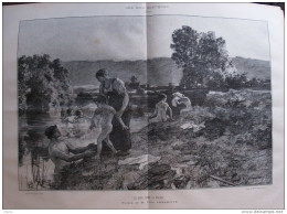 Le Soir, Dans La Rivière, Fusain De M. Léon Lhermitte - Page Double Original 1885 - Documents Historiques