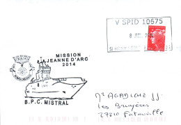 ENVELOPPE AVEC CACHET B.P.C. MISTRAL - MISSION JEANNE D' ARC 2014 - LE 08/07/2014 - Naval Post