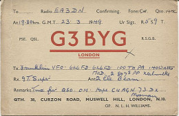 X120927 CARTE QSL RADIO AMATEUR G3BYG GRANDE BRETAGNE GREAT BRITAIN ANGLETERRE ENGLAND LONDRES LONDON EN 1949 - Radio-amateur