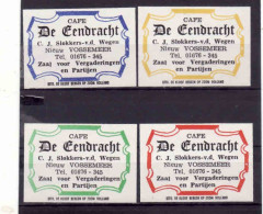 4 Dutch Matchbox Labels, Nieuw Vossemeer - North Brabant, Cafe De Fendracht,C.J.Slokkers-v.d.Wegen, Holland, Netherlands - Zündholzschachteletiketten