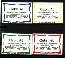 4 Dutch Matchbox Labels, Beverwijk Oever 2 - North Holland, Gebr. AL Transportbedrijf, Holland, Netherlands - Zündholzschachteletiketten