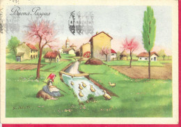 BUONA PASQUA - PAESAGGIO CAMPESTRE - DIS. GALBIATI - EDIZ. T.E.L. - VIAGGIATA 1955 - Pasen