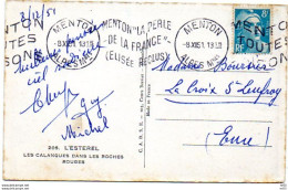 Obliteration Mec Krag " MENTON - Alpes Maritimes " 1951 Avec Texte CP Esterel Pour La Croix Saint Leufroy ( Eure ) - 1921-1960: Periodo Moderno