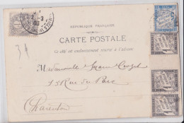 France Carte Postale Affranchie 1903 Type Blanc 1 Centime Taxée 8 Centimes Bande De Timbres Timbre-Taxe - 1859-1959 Lettres & Documents