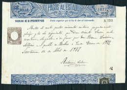 ESPAÑA 1877 — PAGOS AL ESTADO Serie E, 2 Ptas — Sello Fiscal SOCIEDAD Del TIMBRE - Steuermarken