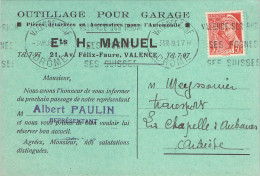 26 Drôme Carte Postale Commerciale Des Ets Manuel Outillage Pour Garage Av. Félix Faure à Valence En 1939 - Valence