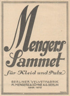 Mengers Sammet Fur Kleid Und Putz - Pubblicità D'epoca - 1925 Old Advert - Advertising