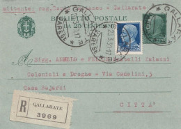 1569- REGNO - Biglietto Postale Raccomandato Da Cent 25 Verde Del 1939 Da Gallarate Per Città Con Aggiunta Lire 1,25 - Postwaardestukken