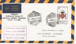 BARCELONA PRIMER VUELO A STUTTGART 1966 LUFTHANSA - Covers & Documents