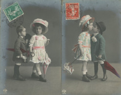 2 Cards Kids Playing As Adults Umbrella Hat Kiss . ELD Hand Colored Le Sanital Chatellerault Vienne - Autres & Non Classés