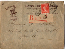 FRANCE SEMEUSE 1Fr05 SEULE SUR LETTRE RECOMMANDEE OBLITEREE SUR LETTRE A L'ENTETE DE L'HOTEL REGINA - 1906-38 Säerin, Untergrund Glatt