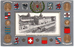 Luxemburg, Bettembourg Bahnhof M. Lokomotive U. Wappen, Ungebr. Präge-AK  - Bahnhöfe Ohne Züge