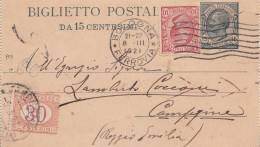 1573- REGNO - Biglietto Postale Da Cent 15 Ardesia Del 1921 Da Bologna A Campegine Con Aggiunta C. 10 E Tassa Di C.. 30 - Interi Postali