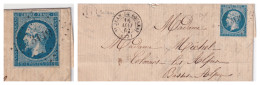 LETTRE. 16 MAI 62. N° 14 ( Tache Barbe). ST JEAN DE BOURNAY. ISERE. PC 3119 BOITE RURALE G = MEYSSIEZ. POUR COLMARS ALPE - 1849-1876: Période Classique