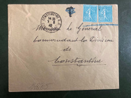 LETTRE TP SEMEUSE 50c X2 Non Oblitérés+T De Taxe Biffée+OBL.7 8 40 CONSTANTINE RP Pour Mr LE GENERAL COMMANDANT LA DIVIS - 2. Weltkrieg 1939-1945