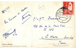 ALLEMAGNE BRD YT N° 55 SEUL SUR CP OBLITERE BADEN BADEN POUR LA FRANCE - Storia Postale