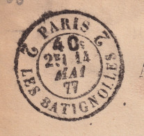 LETTRE. 14 MAI 1877. CACHET-TAXE 40. PARIS LES BATIGNOLLES 2. POTHION N° 2557 - 1849-1876: Periodo Clásico