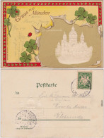 München Gruss  Lukaskirche - Kleeblatt-Künstlerkarte 1908 Prägekarte - München