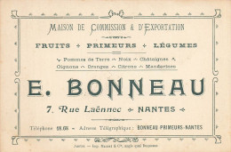 Nantes * Maison De Commission & D'Exportation Fruits Primeurs E. BONNEAU 7 Rue Laënnec * Carte De Visite Ancienne - Nantes