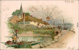  Künstlerkarte: Kirche, Dorf, Fluss, Junge Auf Boot "Sonnenschein" 1899 Goldrand - Before 1900