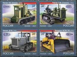 RUSSIA - 2021 - BLOCK OF 4 STAMPS MNH ** - Crawler Tractors - Unused Stamps