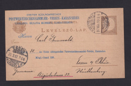 1897 - 2 Kr. Ganzsache Mit Zudruck - Ab KARANNSEBES Nach Essen - Brieven En Documenten