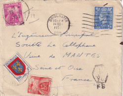 LETTRE. BRIDGNATER. GB. 2 1/2d. POUR MANTES. TAXE GERBE 15Fr ET BLASON 4Fr - 1859-1959 Brieven & Documenten