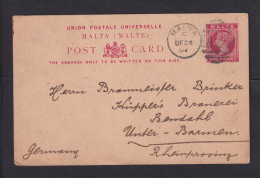 1891 - 1 P. Ganzsache Ab Malta Nach Unter-Barmen - Malte